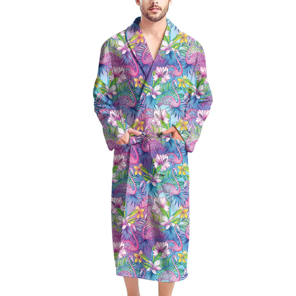 Tropical Flamingo And Hibiscus Print Men's Bathrobe