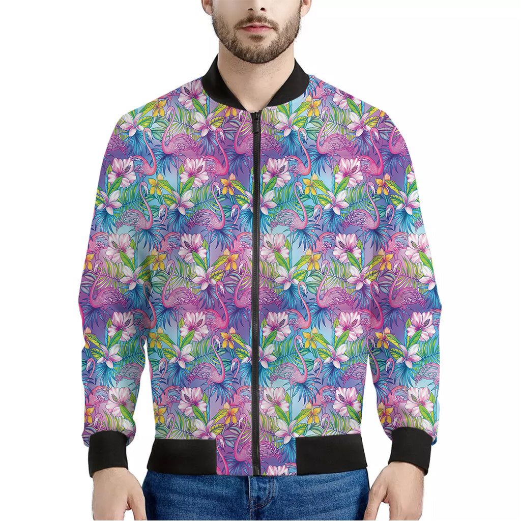 Tropical Flamingo And Hibiscus Print Men's Bomber Jacket