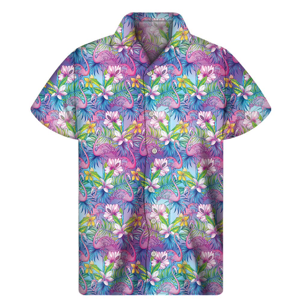 Tropical Flamingo And Hibiscus Print Men's Short Sleeve Shirt