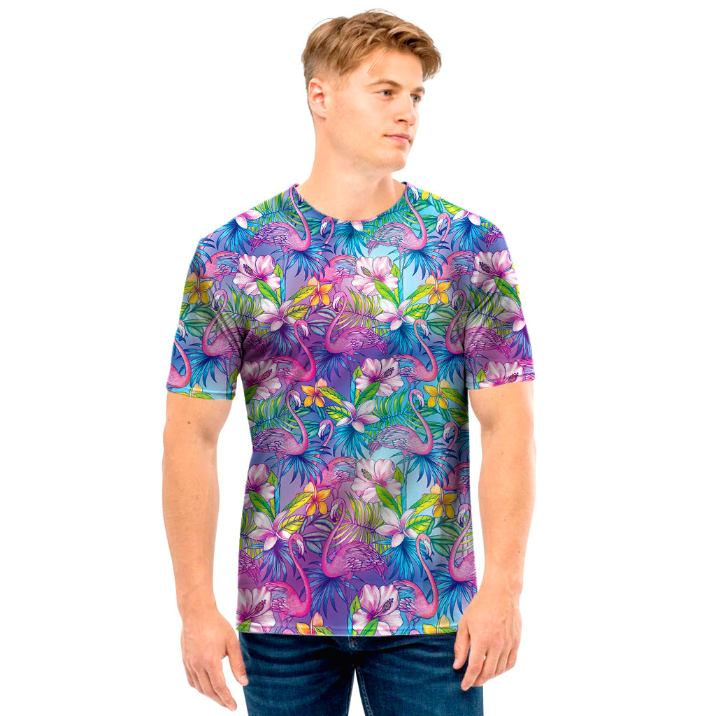 Tropical Flamingo And Hibiscus Print Men's T-Shirt