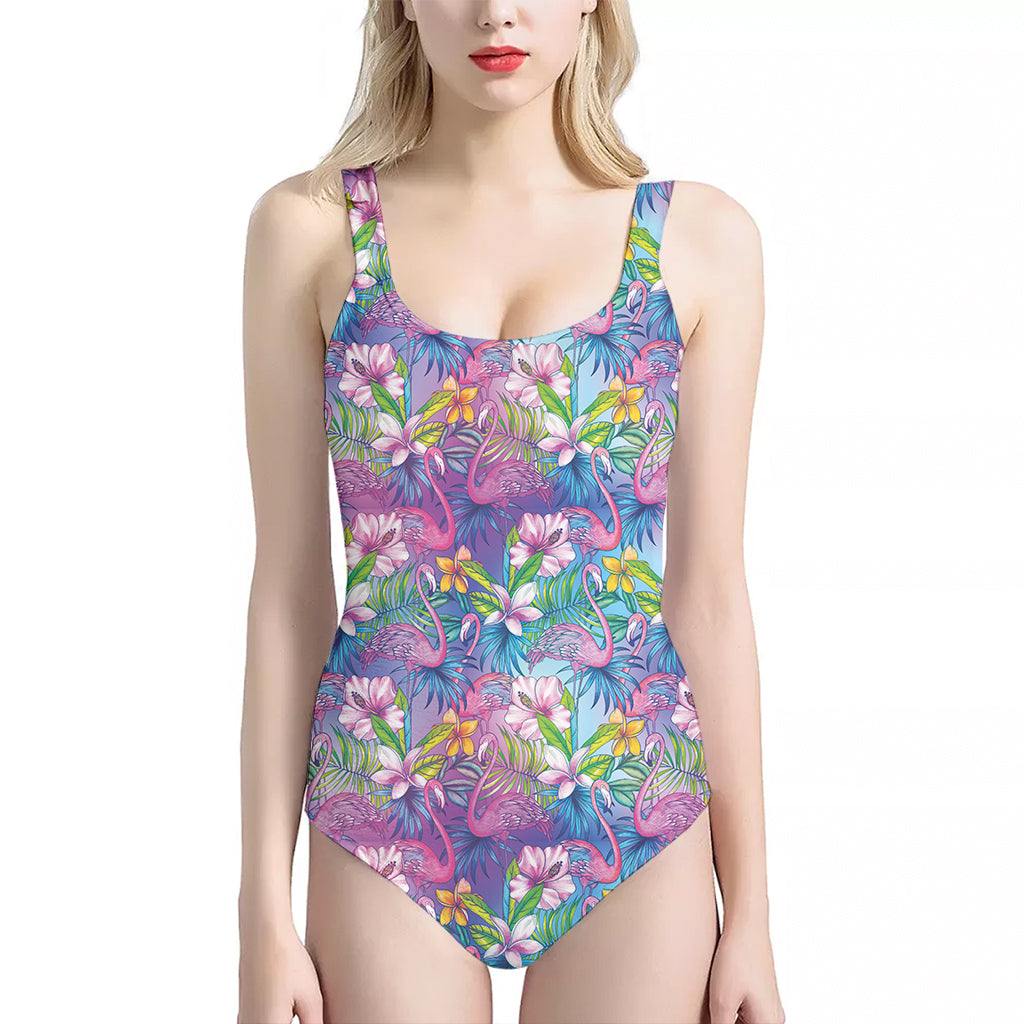 Tropical Flamingo And Hibiscus Print One Piece Halter Neck Swimsuit