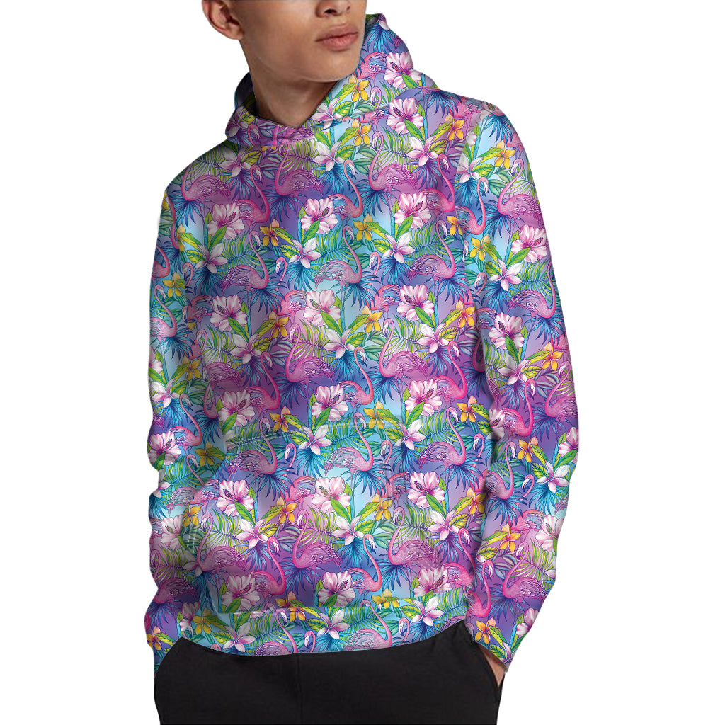 Tropical Flamingo And Hibiscus Print Pullover Hoodie