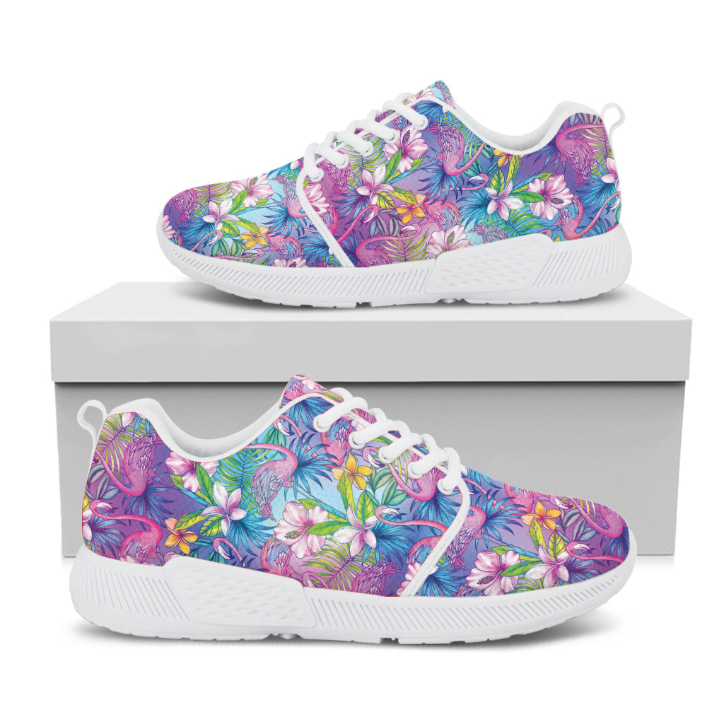 Tropical Flamingo And Hibiscus Print White Athletic Shoes