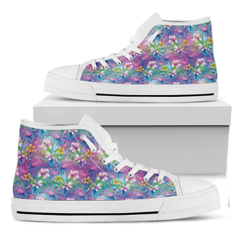 Tropical Flamingo And Hibiscus Print White High Top Shoes