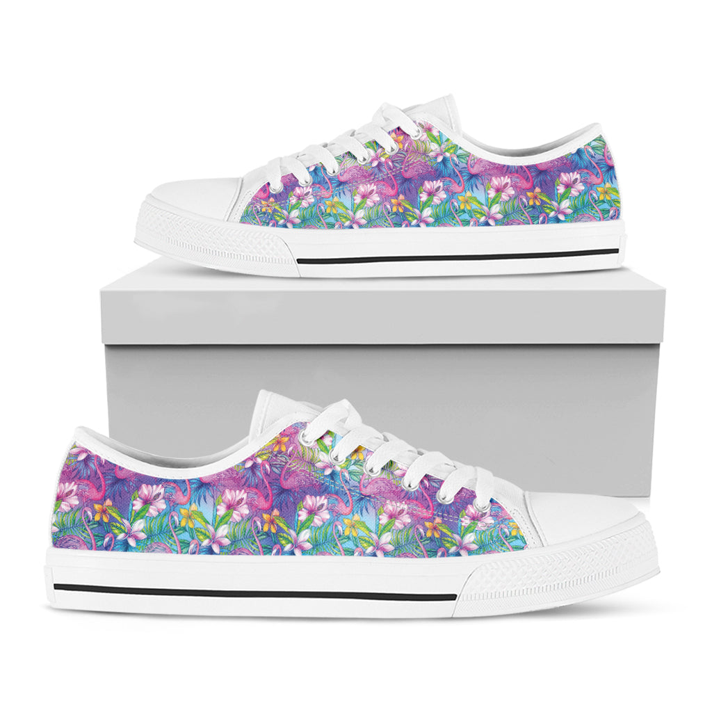 Tropical Flamingo And Hibiscus Print White Low Top Shoes