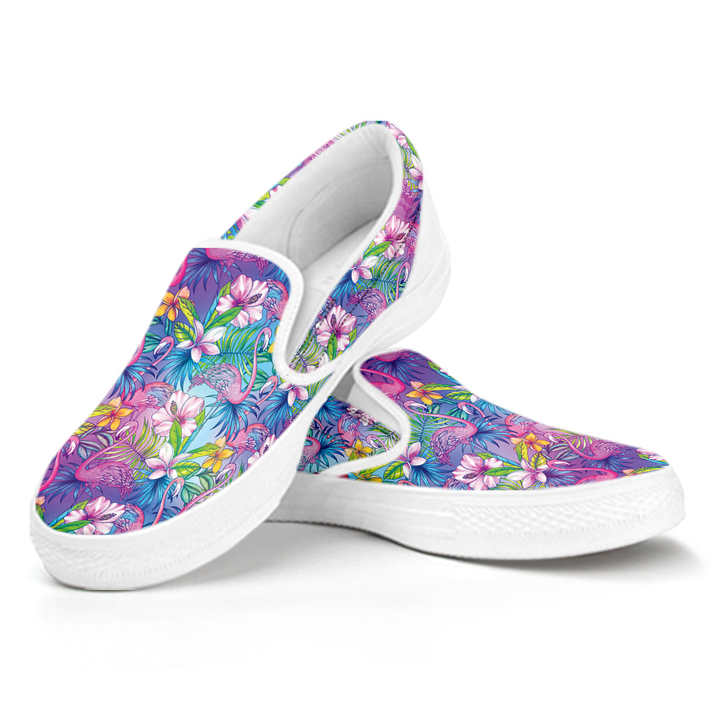 Tropical Flamingo And Hibiscus Print White Slip On Shoes