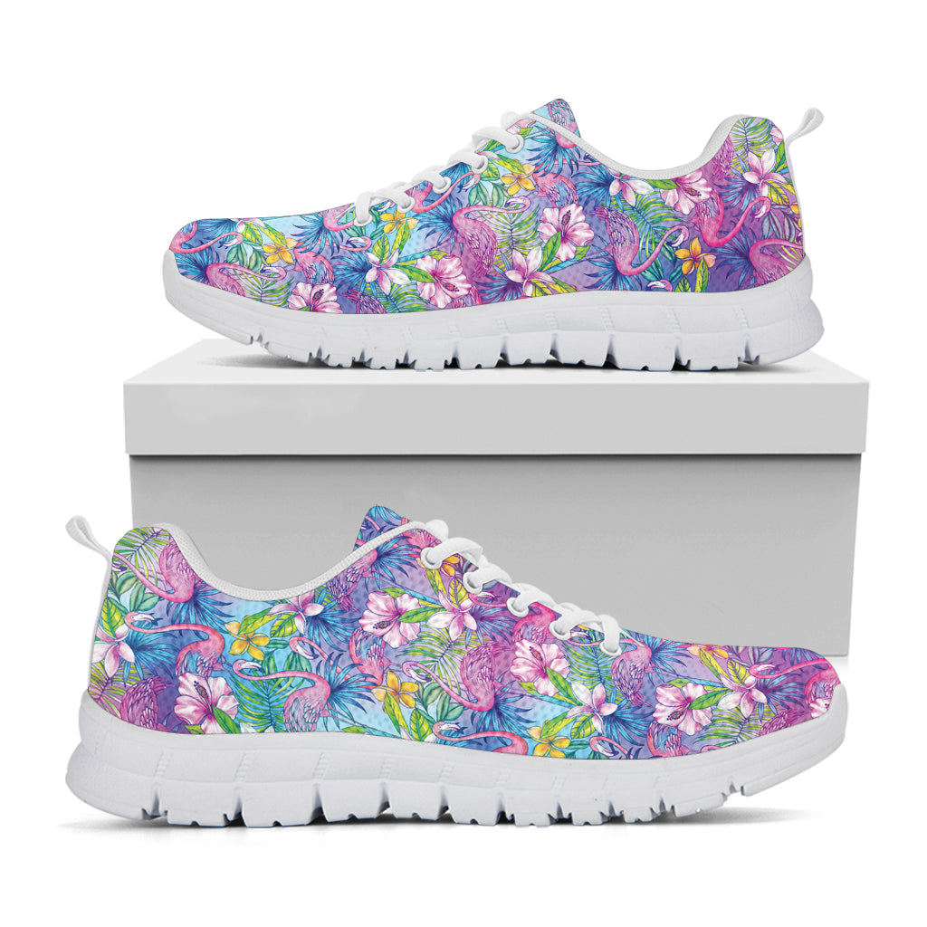 Tropical Flamingo And Hibiscus Print White Sneakers