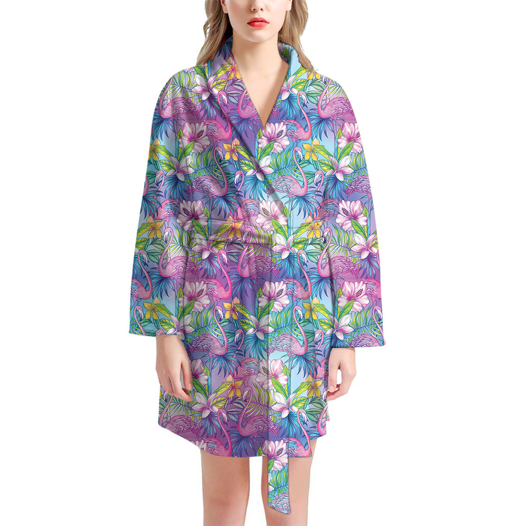 Tropical Flamingo And Hibiscus Print Women's Bathrobe