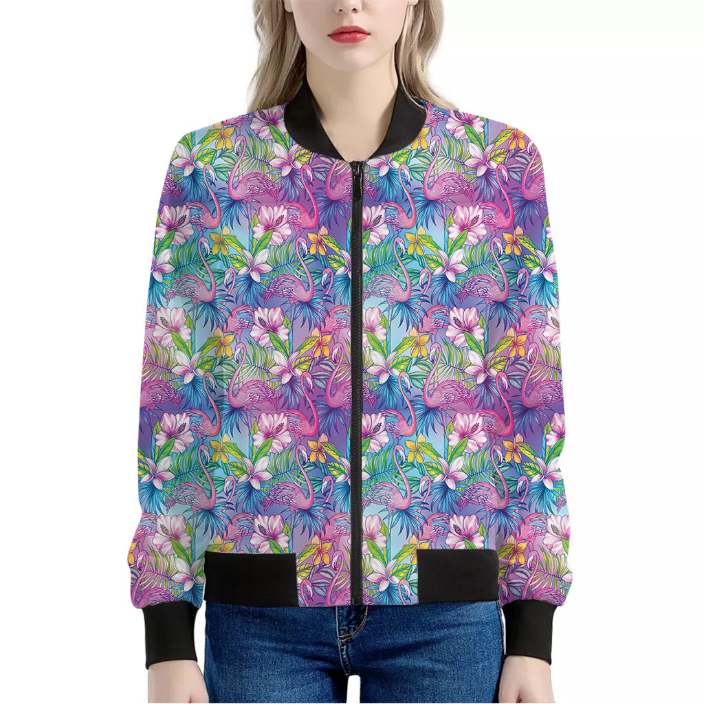 Tropical Flamingo And Hibiscus Print Women's Bomber Jacket