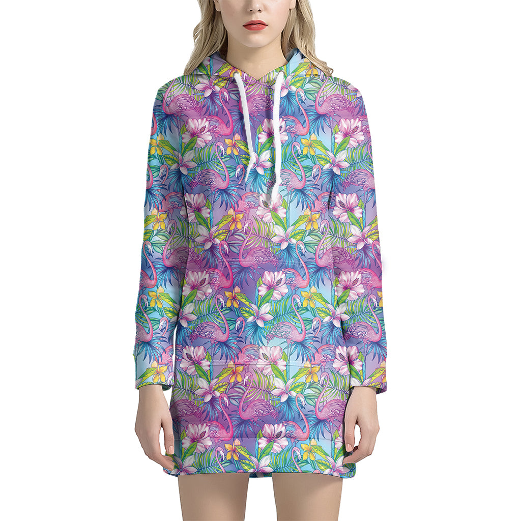 Tropical Flamingo And Hibiscus Print Women's Pullover Hoodie Dress