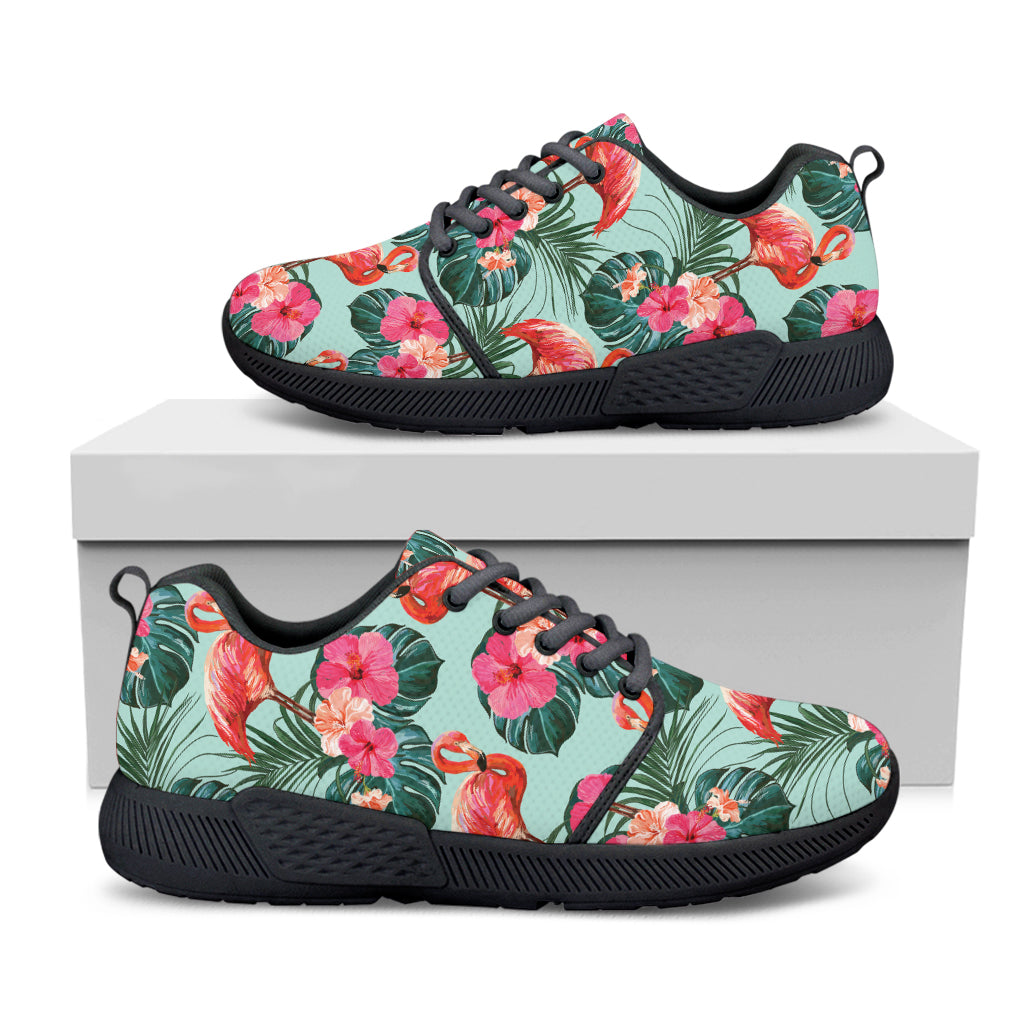 Tropical Floral Flamingo Pattern Print Black Athletic Shoes