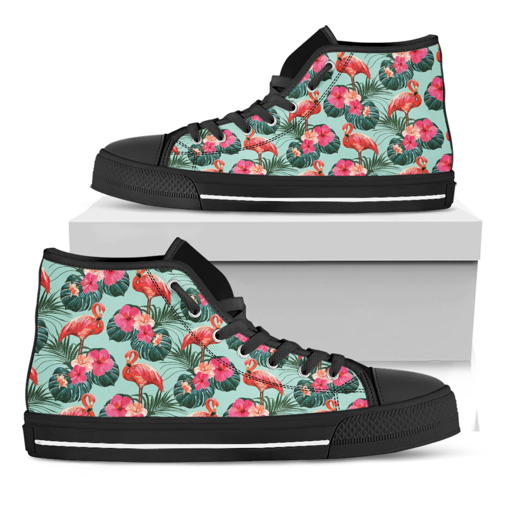 Tropical Floral Flamingo Pattern Print Black High Top Shoes