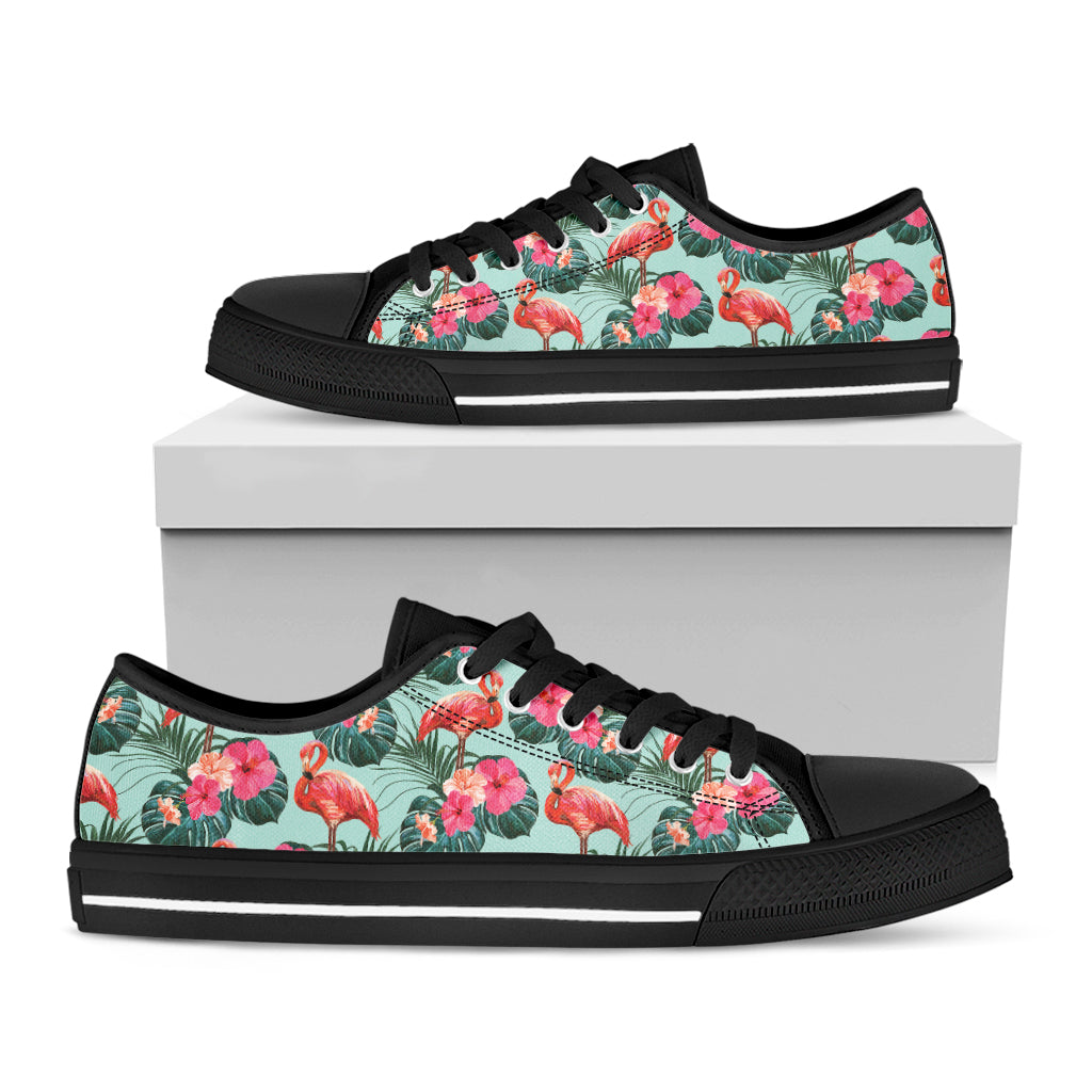 Tropical Floral Flamingo Pattern Print Black Low Top Shoes