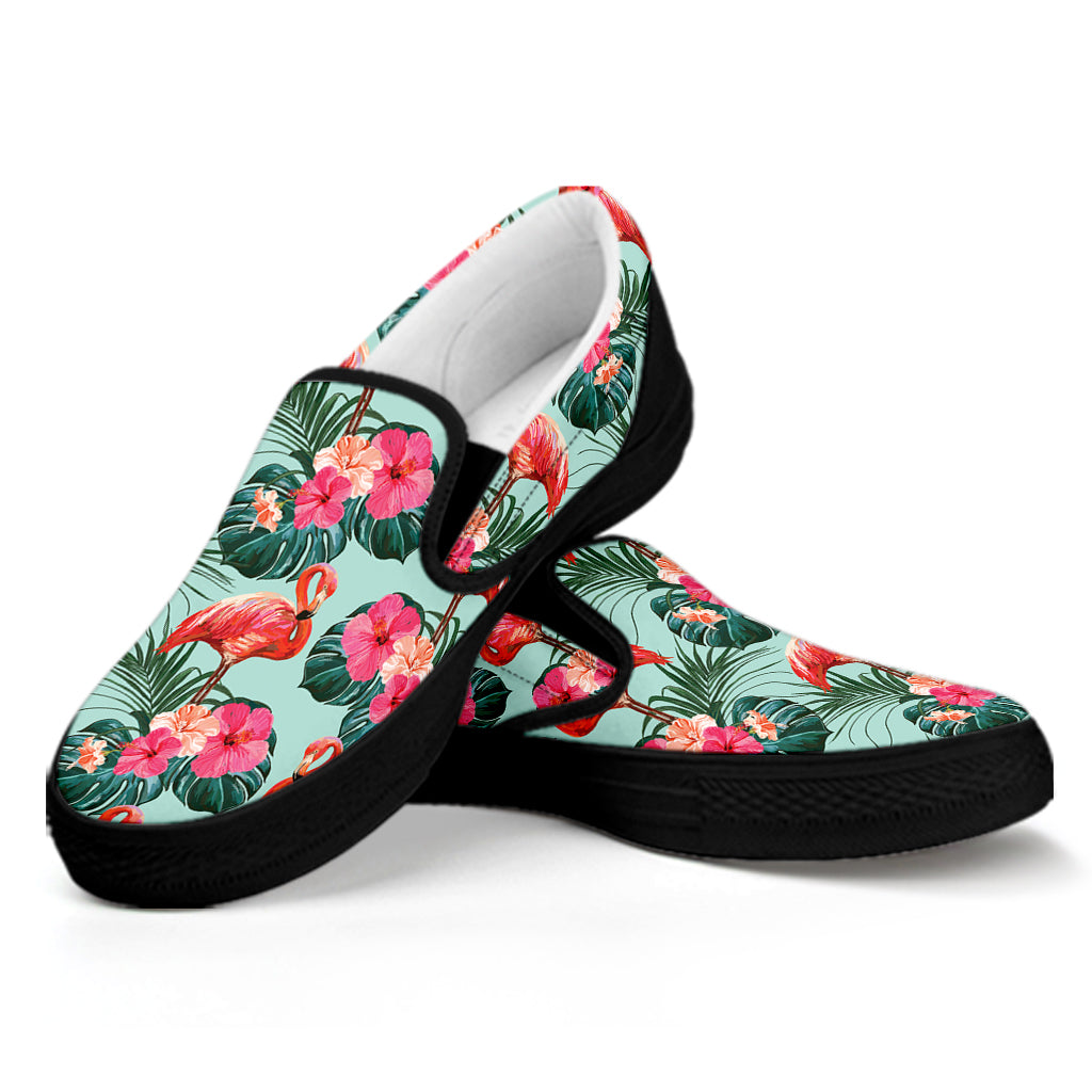 Tropical Floral Flamingo Pattern Print Black Slip On Shoes