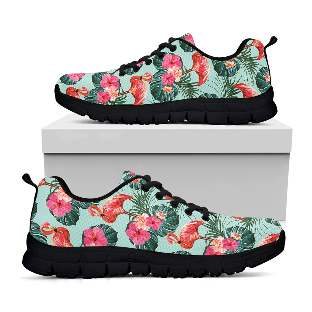 Tropical Floral Flamingo Pattern Print Black Sneakers