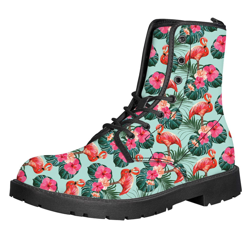 Tropical Floral Flamingo Pattern Print Leather Boots