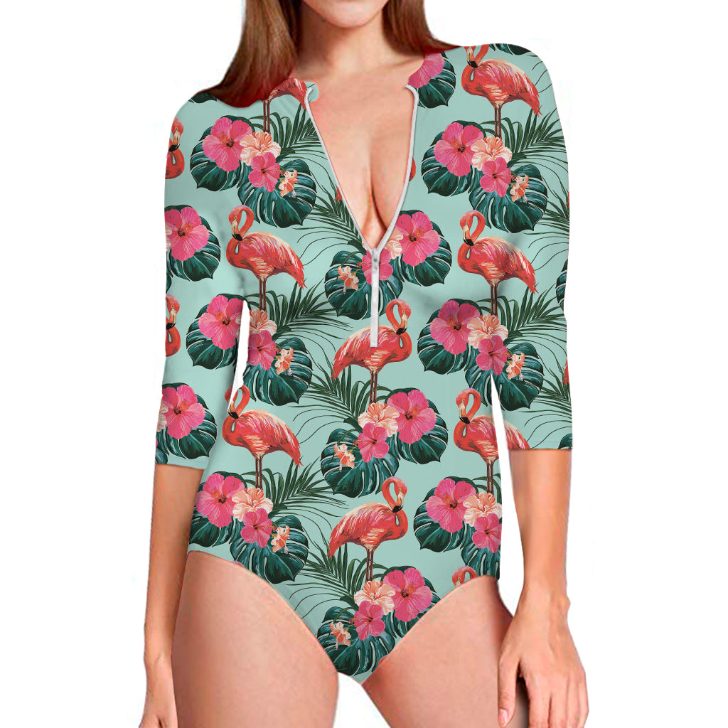 Tropical Floral Flamingo Pattern Print Long Sleeve One Piece Swimsuit