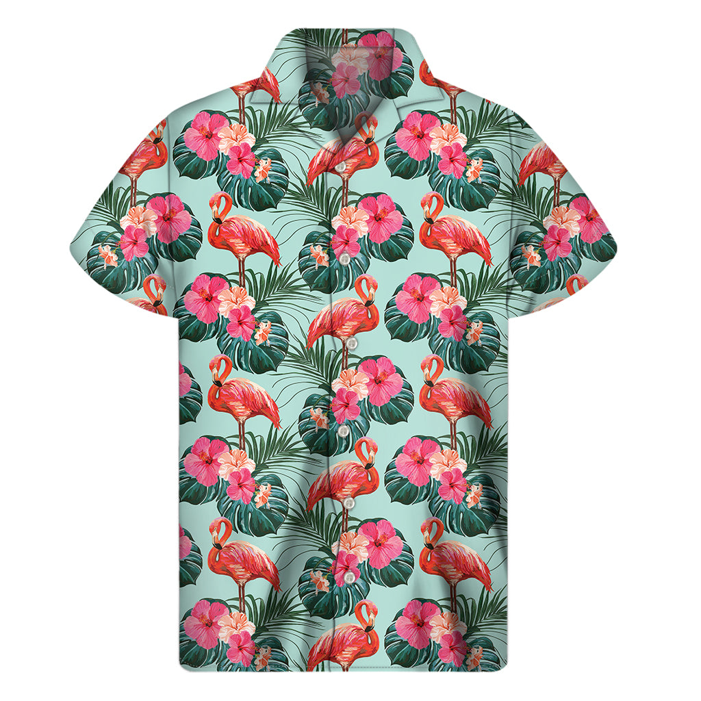 Tropical Floral Flamingo Pattern Print Men's Short Sleeve Shirt