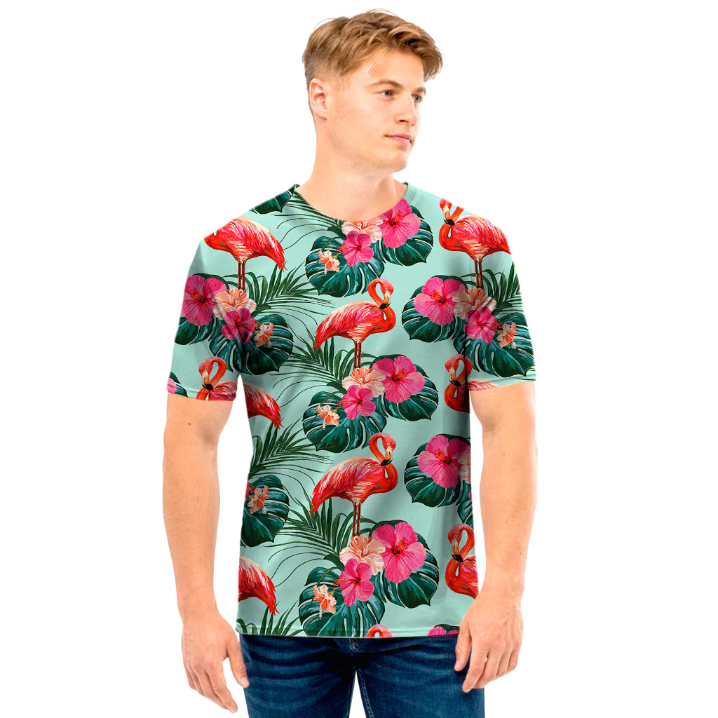 Tropical Floral Flamingo Pattern Print Men's T-Shirt