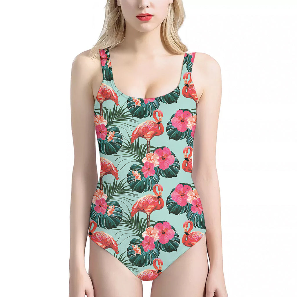 Tropical Floral Flamingo Pattern Print One Piece Halter Neck Swimsuit