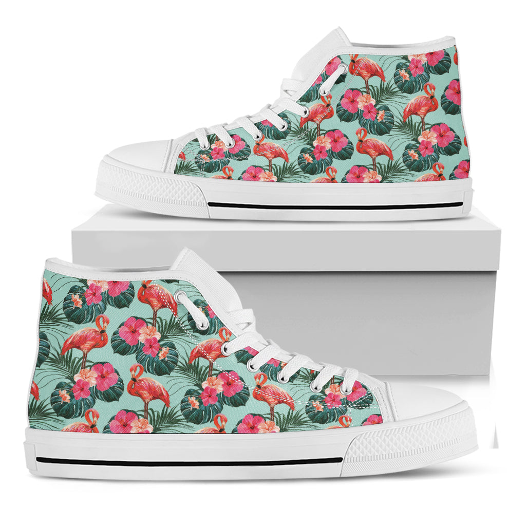 Tropical Floral Flamingo Pattern Print White High Top Shoes