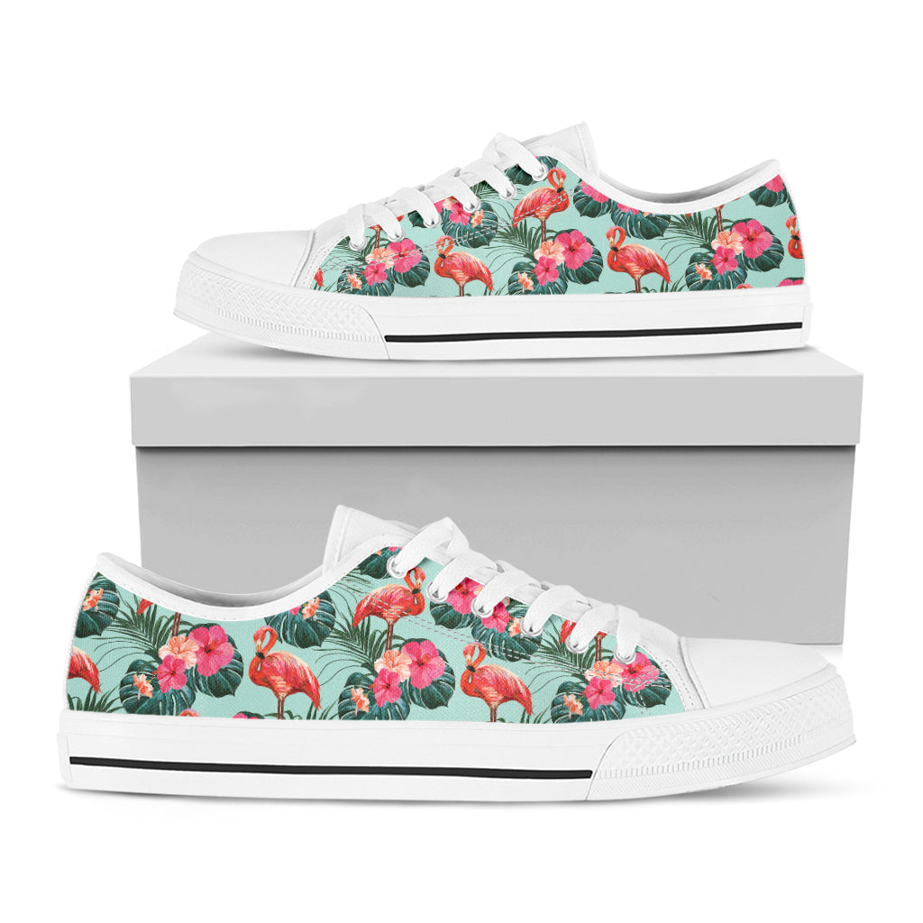 Tropical Floral Flamingo Pattern Print White Low Top Shoes