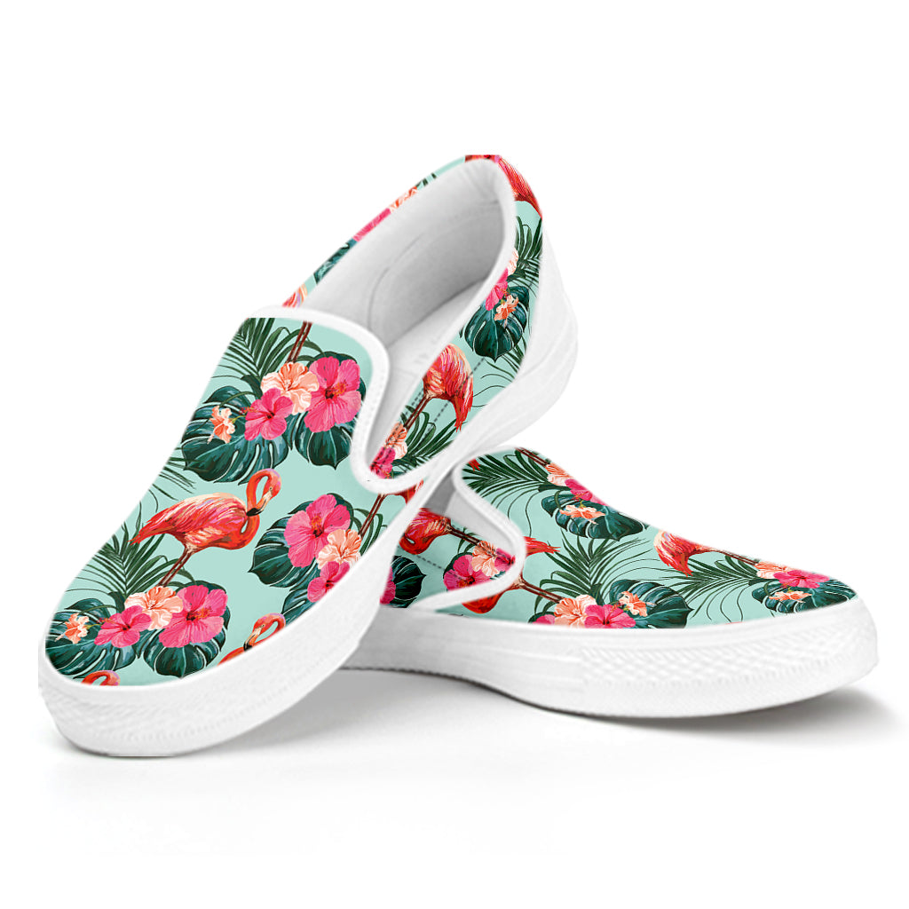 Tropical Floral Flamingo Pattern Print White Slip On Shoes