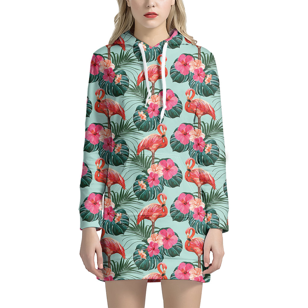 Tropical Floral Flamingo Pattern Print Women's Pullover Hoodie Dress