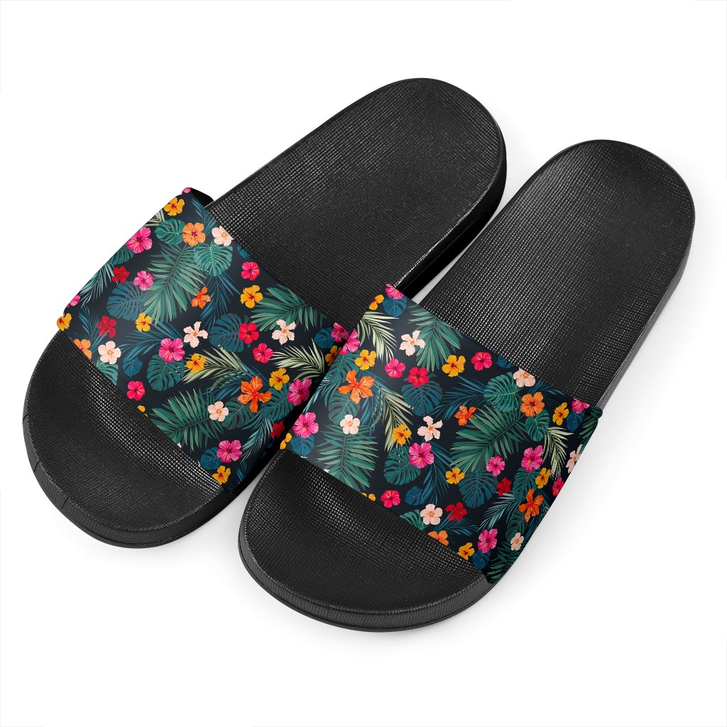 Tropical Flowers Hawaii Pattern Print Black Slide Sandals