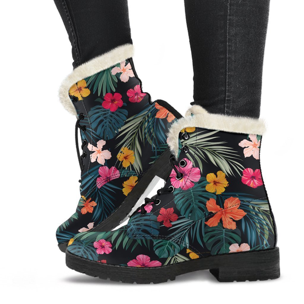 Tropical Flowers Hawaii Pattern Print Faux Fur Leather Boots