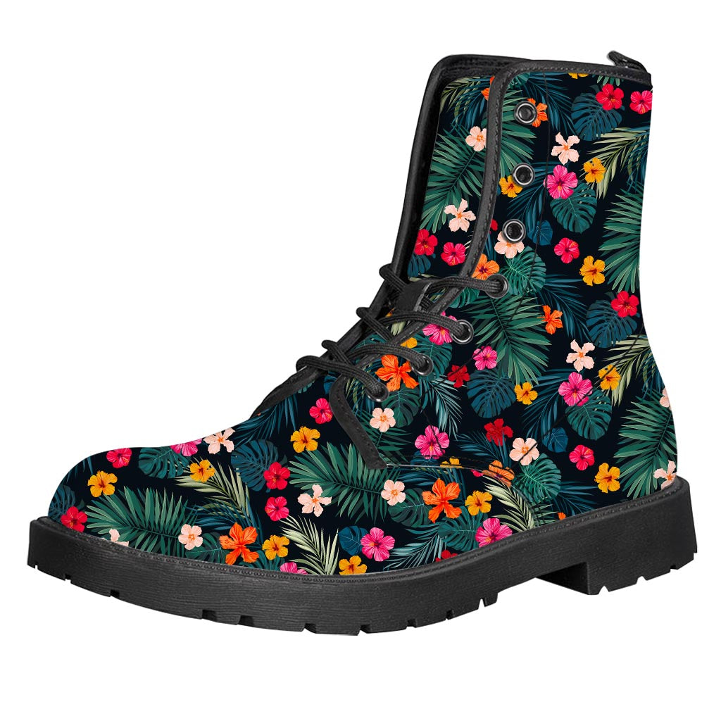 Tropical Flowers Hawaii Pattern Print Leather Boots