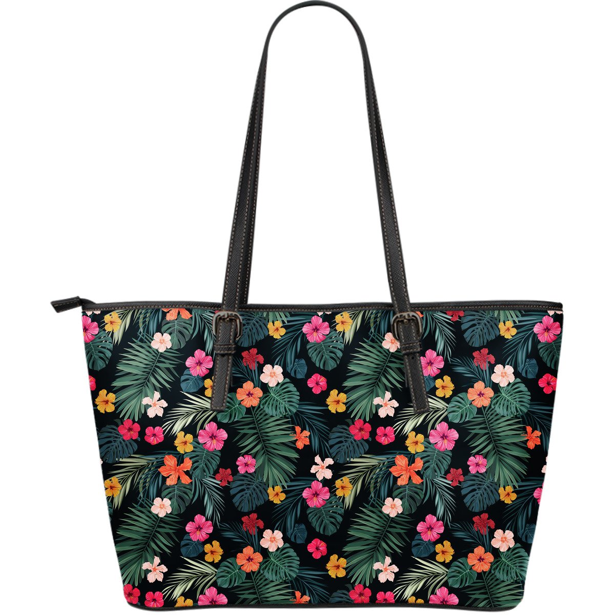 Tropical Flowers Hawaii Pattern Print Leather Tote Bag