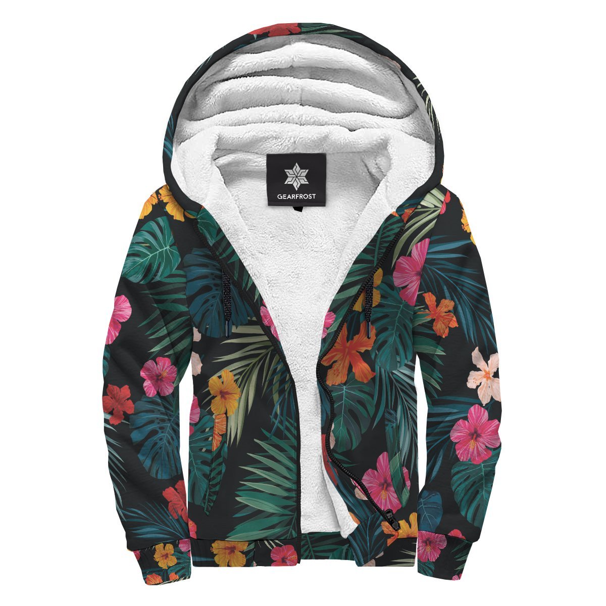 Tropical Flowers Hawaii Pattern Print Sherpa Lined Fleece Hoodie