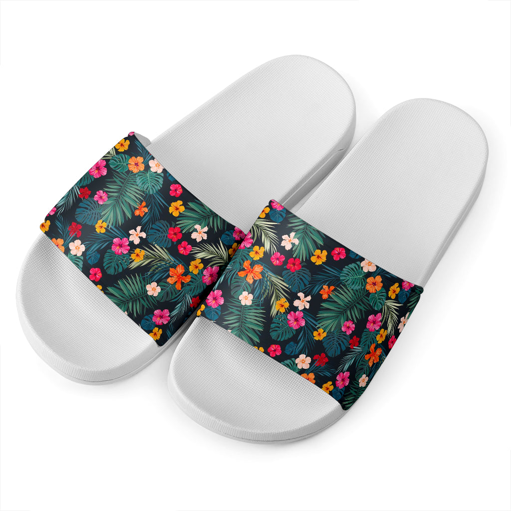 Tropical Flowers Hawaii Pattern Print White Slide Sandals