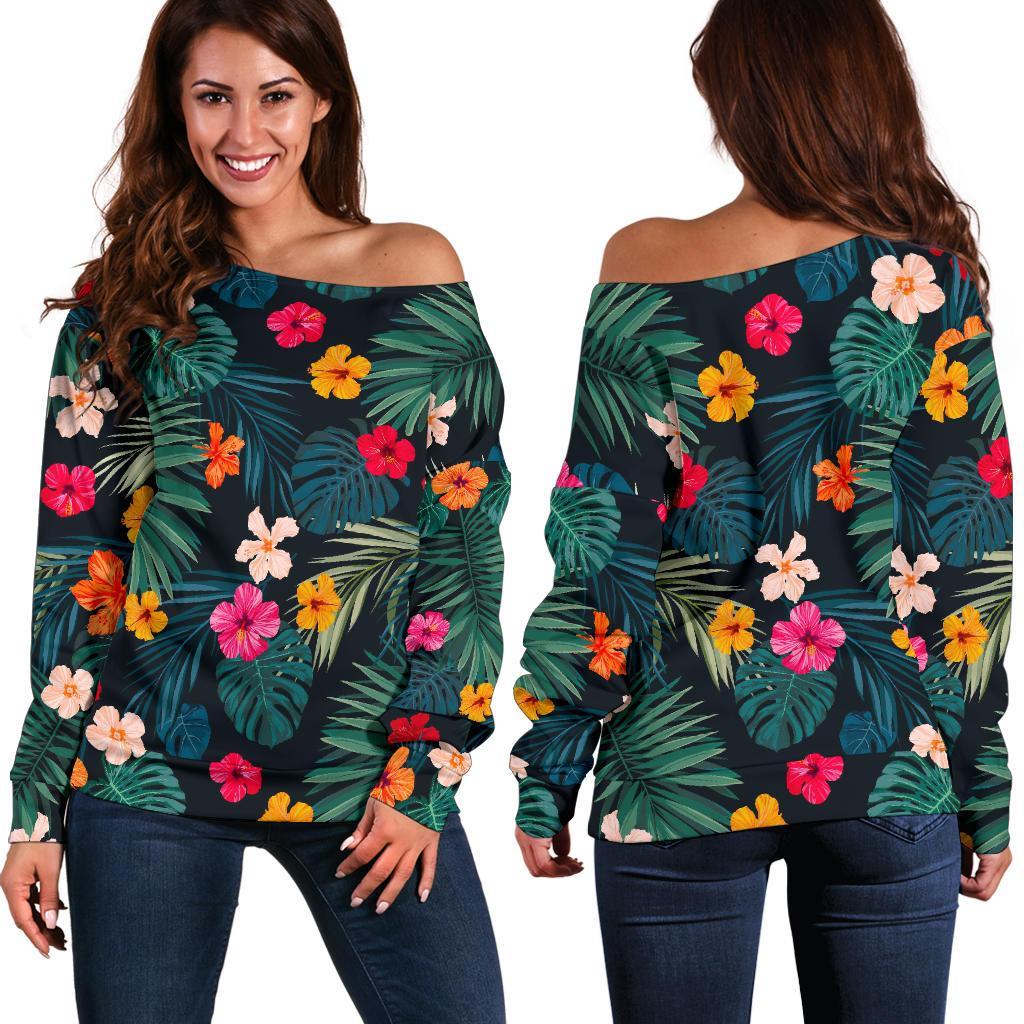 Tropical Flowers Hawaii Pattern Print Women's Off-Shoulder Sweatshirt