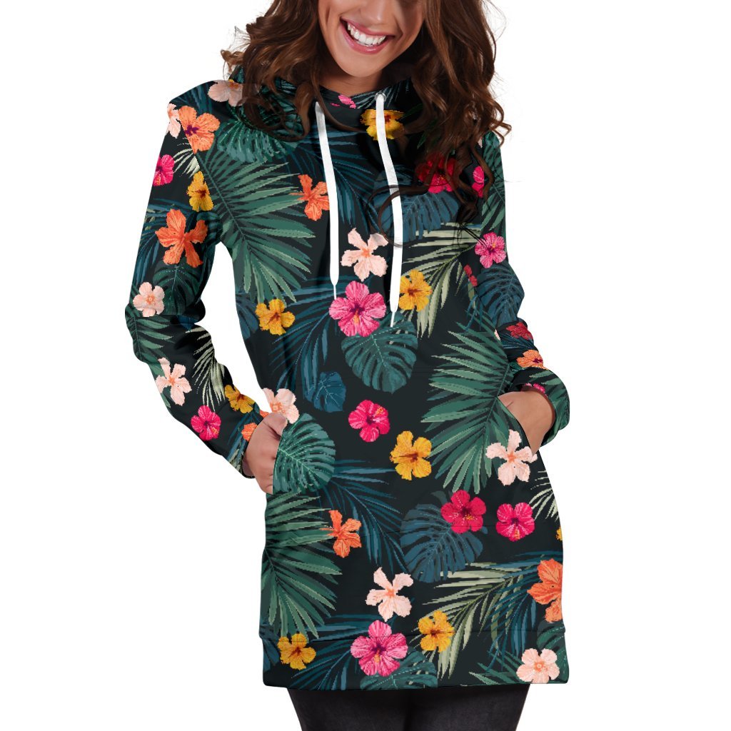 Tropical Flowers Hawaii Pattern Print Women's Pullover Hoodie Dress