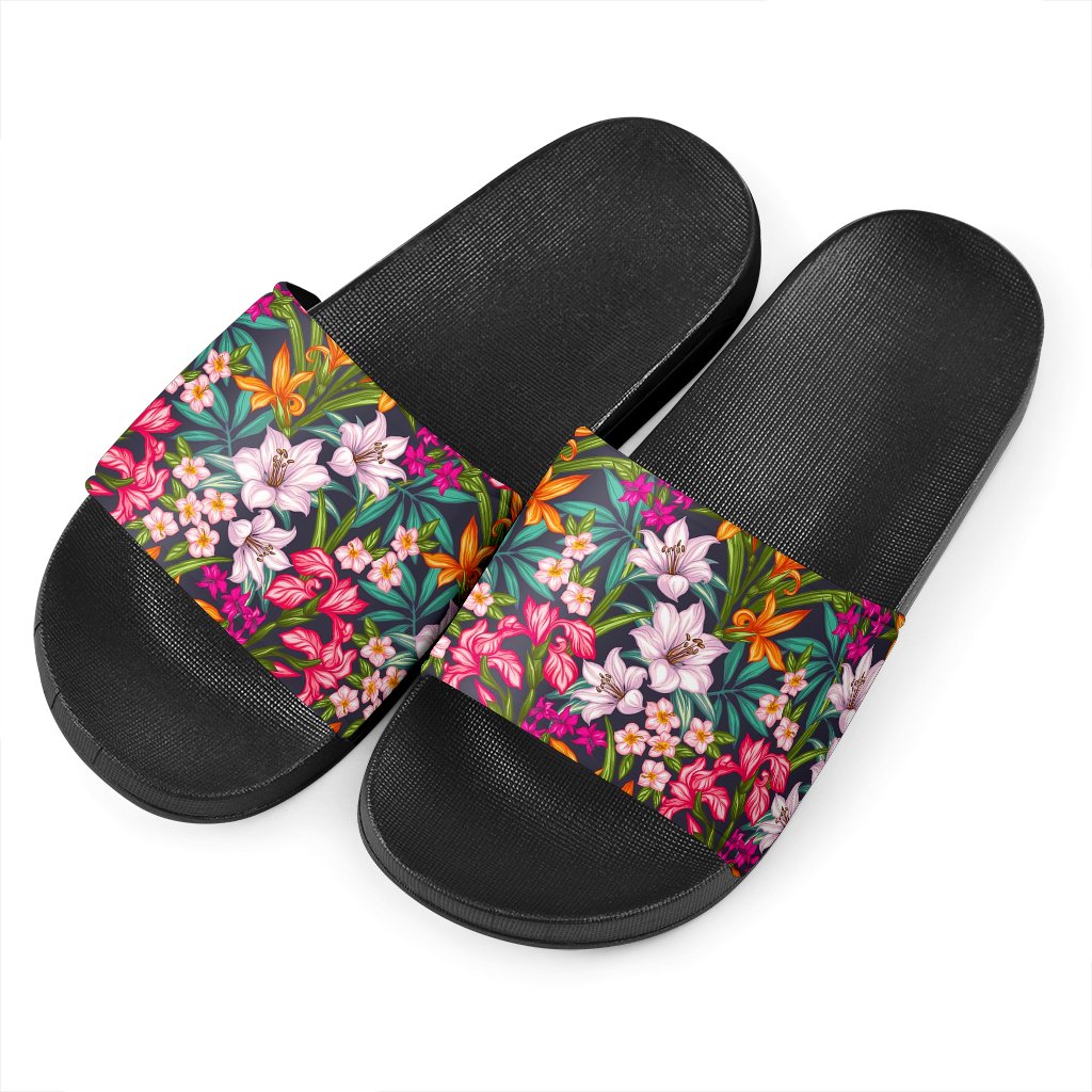 Tropical Flowers Pattern Print Black Slide Sandals