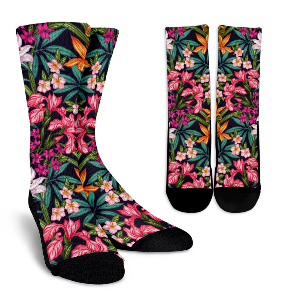 Tropical Flowers Pattern Print Crew Socks