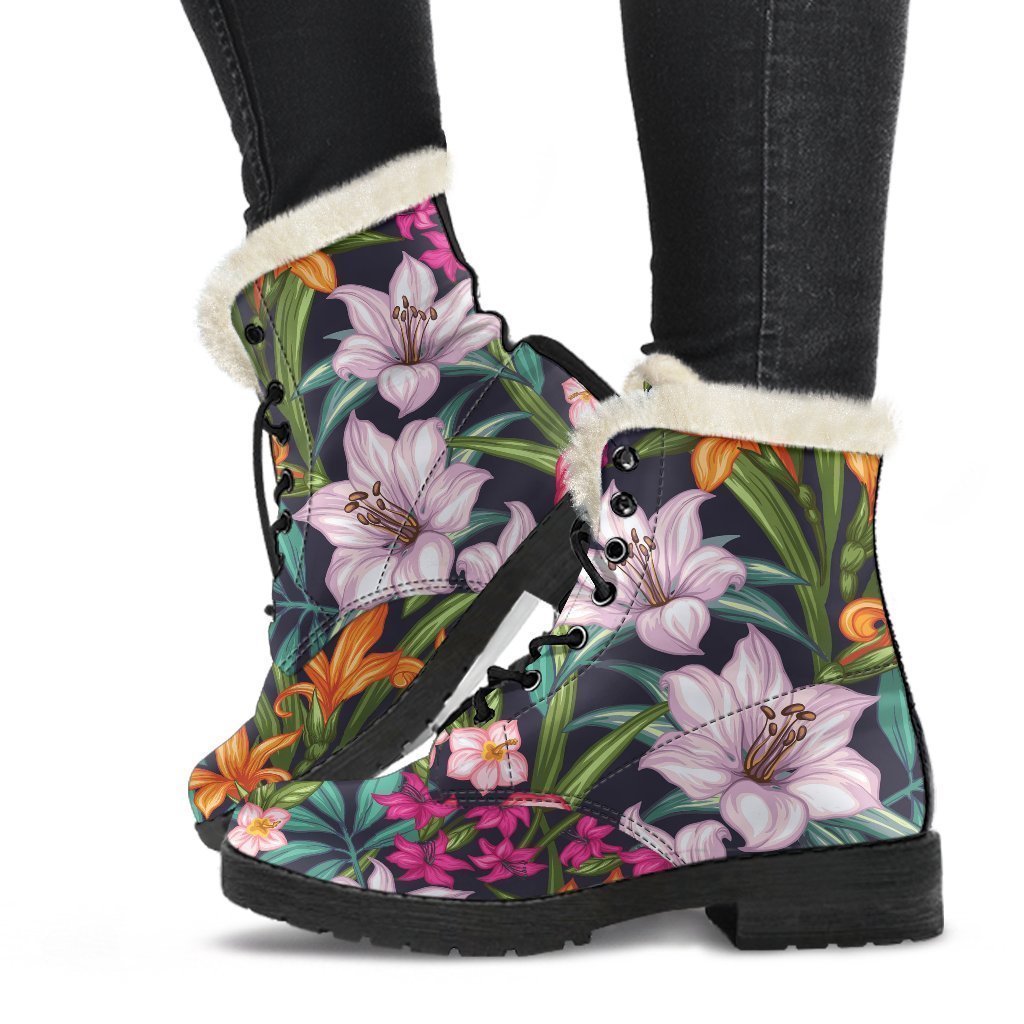 Tropical Flowers Pattern Print Faux Fur Leather Boots