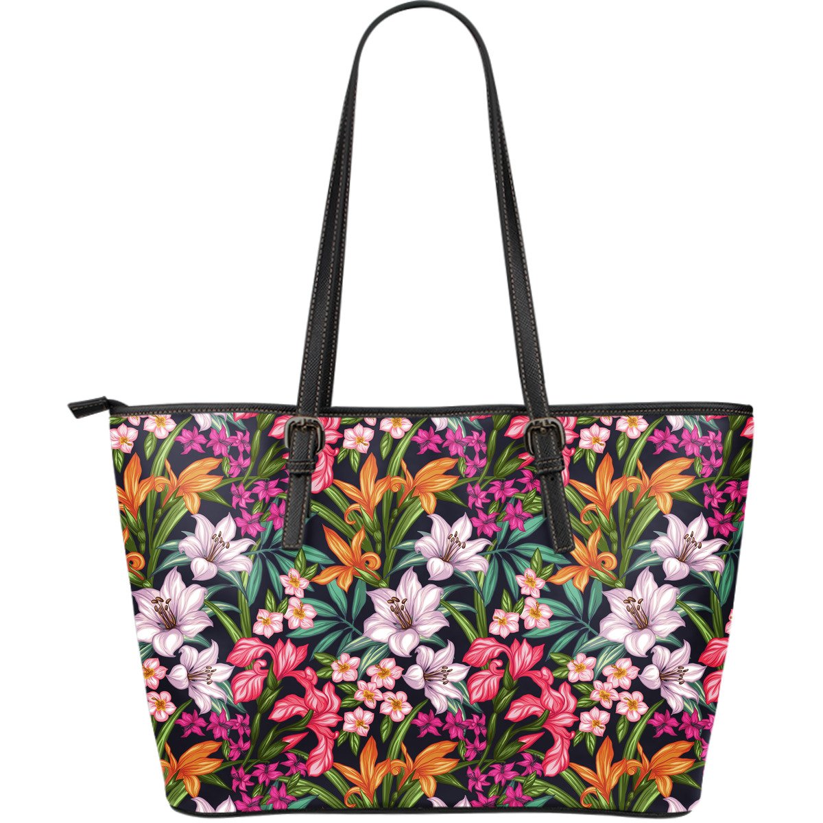 Tropical Flowers Pattern Print Leather Tote Bag