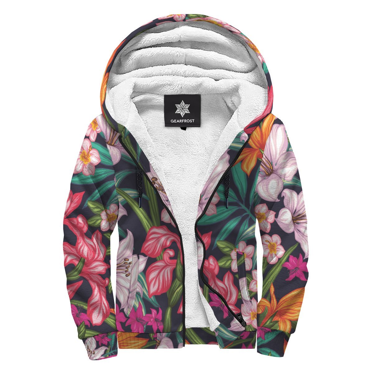 Tropical Flowers Pattern Print Sherpa Lined Fleece Hoodie