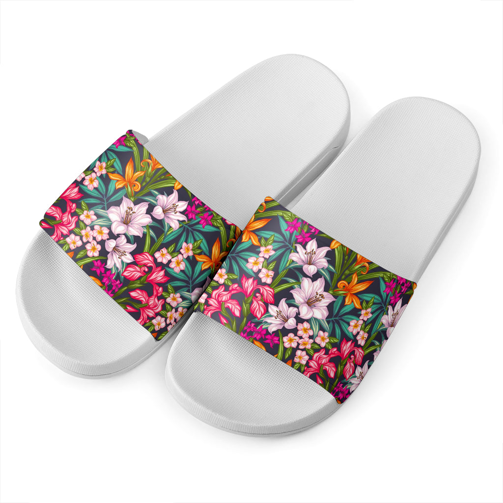 Tropical Flowers Pattern Print White Slide Sandals