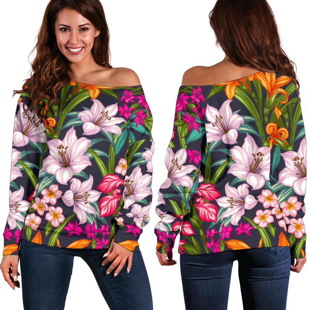 Tropical Flowers Pattern Print Women's Off-Shoulder Sweatshirt