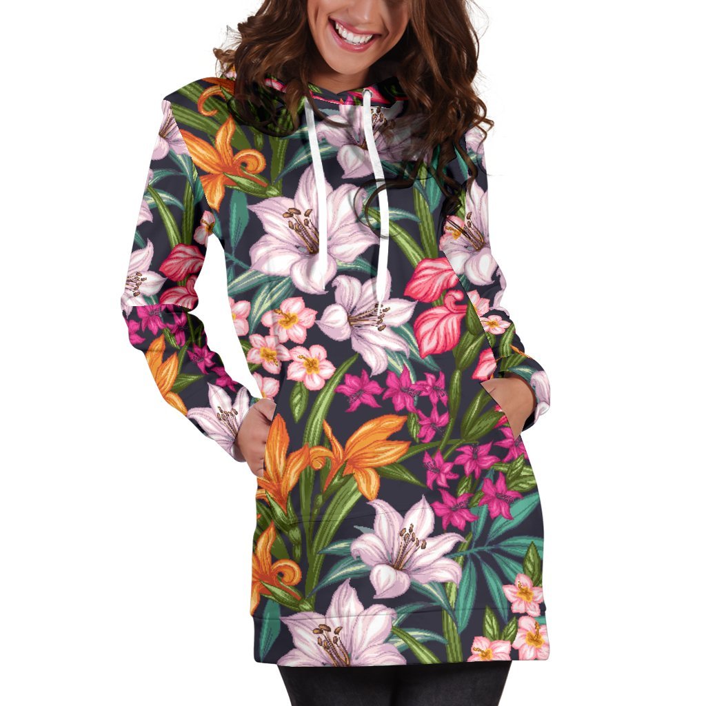 Tropical Flowers Pattern Print Women's Pullover Hoodie Dress