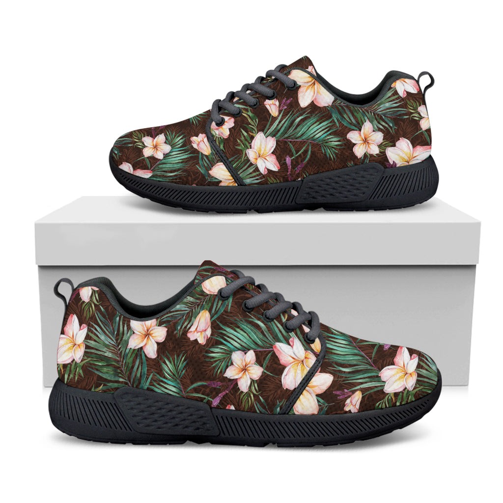 Tropical Frangipani Flower Print Black Athletic Shoes