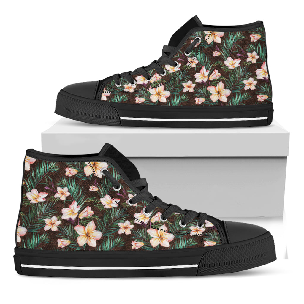 Tropical Frangipani Flower Print Black High Top Shoes