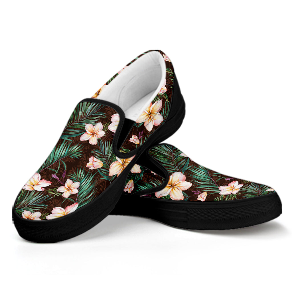 Tropical Frangipani Flower Print Black Slip On Shoes