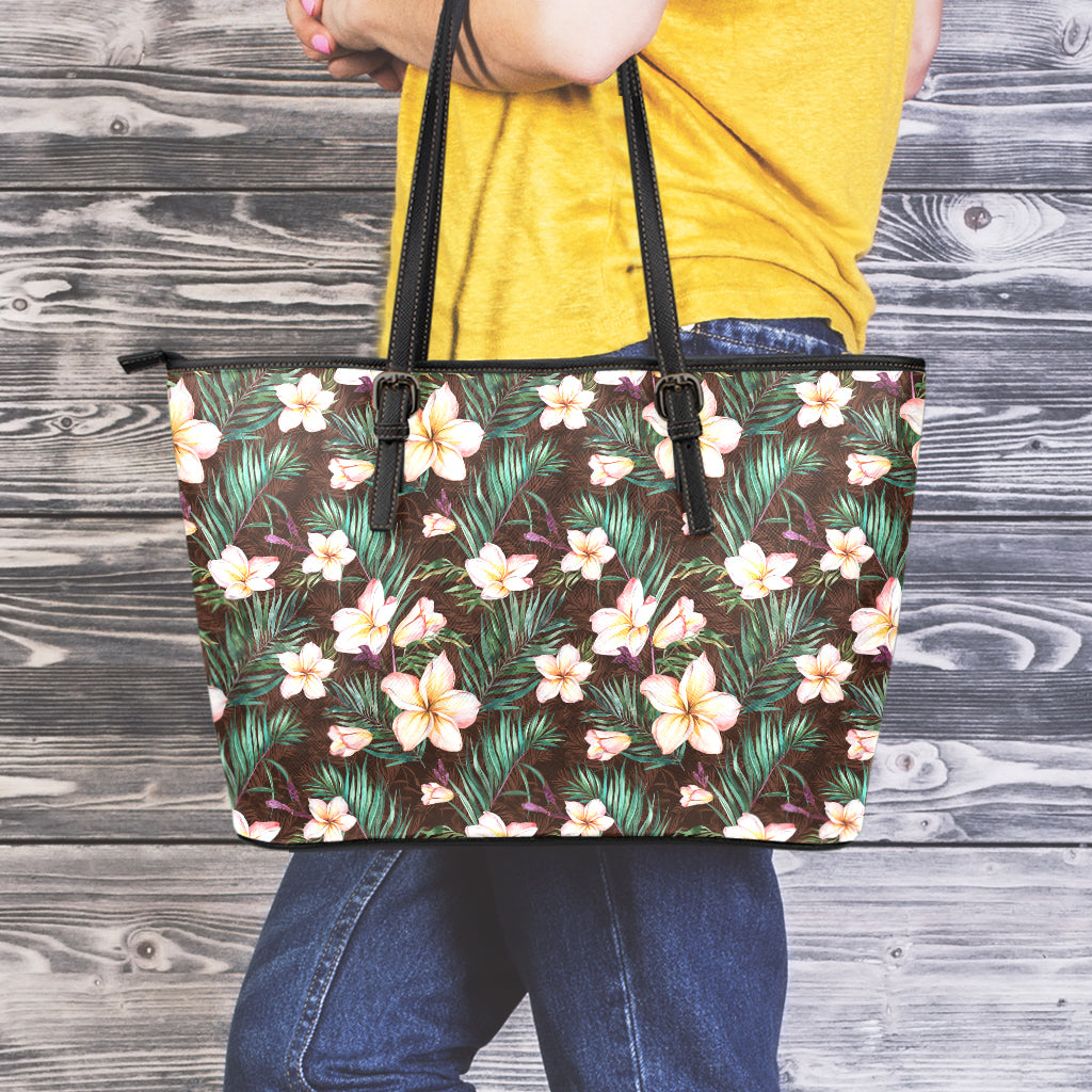 Tropical Frangipani Flower Print Leather Tote Bag