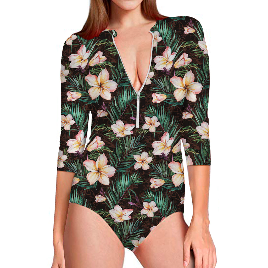 Tropical Frangipani Flower Print Long Sleeve One Piece Swimsuit