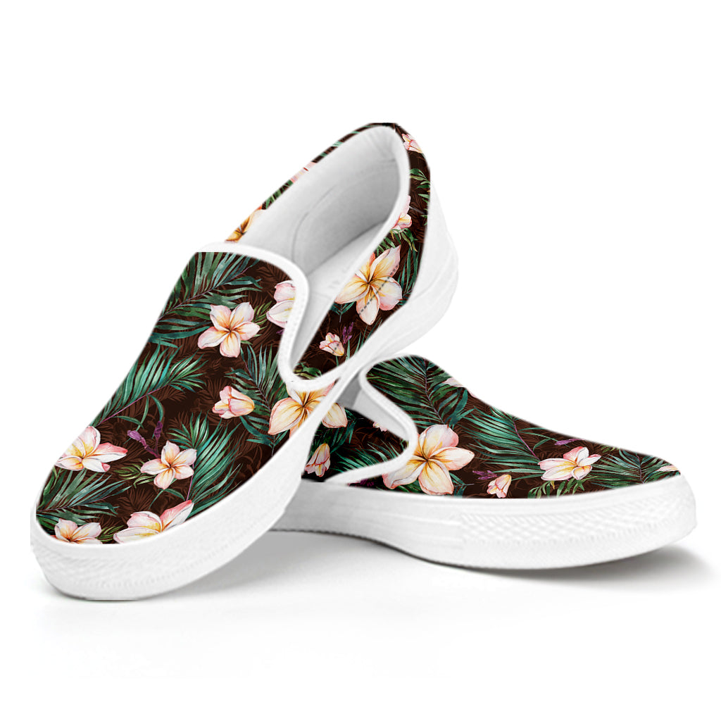 Tropical Frangipani Flower Print White Slip On Shoes